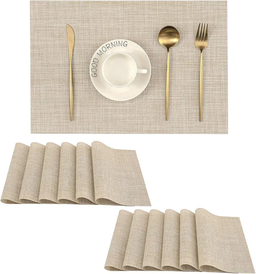 Woven Vinyl Beige Placemats Set of 12, Linen Look & Easy to Clean