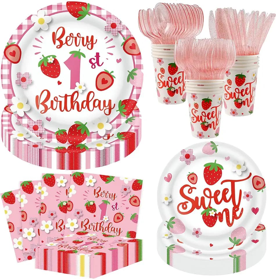 350 PCS Strawberry 1st Birthday Decorations for 50 Guests,Berry First Birthday Plate and Napkin Sets nclude Paper Plate, Napkin, Cup and Disposable Plastic Cutlery