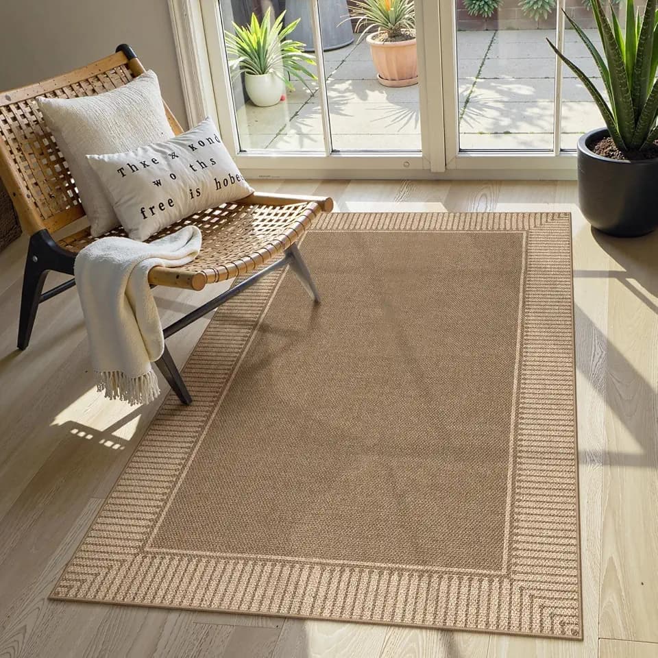Moynesa Easy Jute Indoor Outdoor 3x5 Rug, Brown Striped Border Area Rug