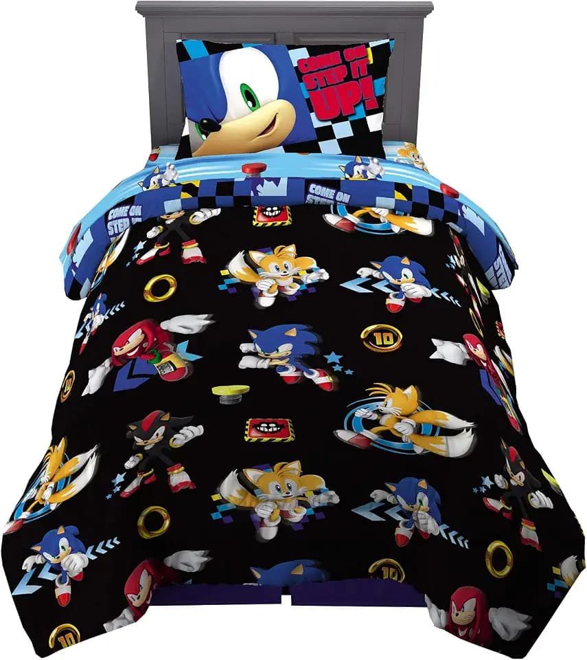 Franco Sonic the Hedgehog Anime Kids Super Soft Comforter and Sheet Set, 4 Piece Twin Size