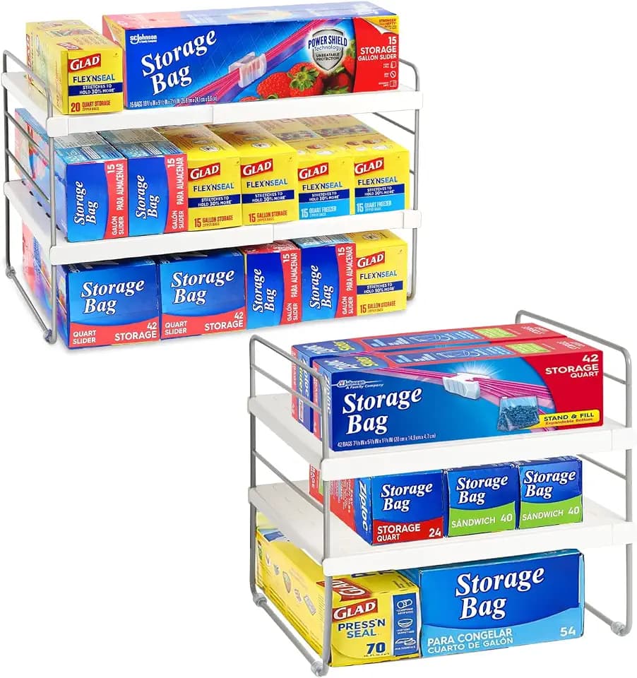 2 Pack Pantry Organization and Storage, Expandable Foil and Plastic Wrap Organizer, Adjustable Kitchen Wrap Organizer Rack for Cabinet, Foil Saran Wrap Holder Shelf for Sandwich Plastic Bags Box,