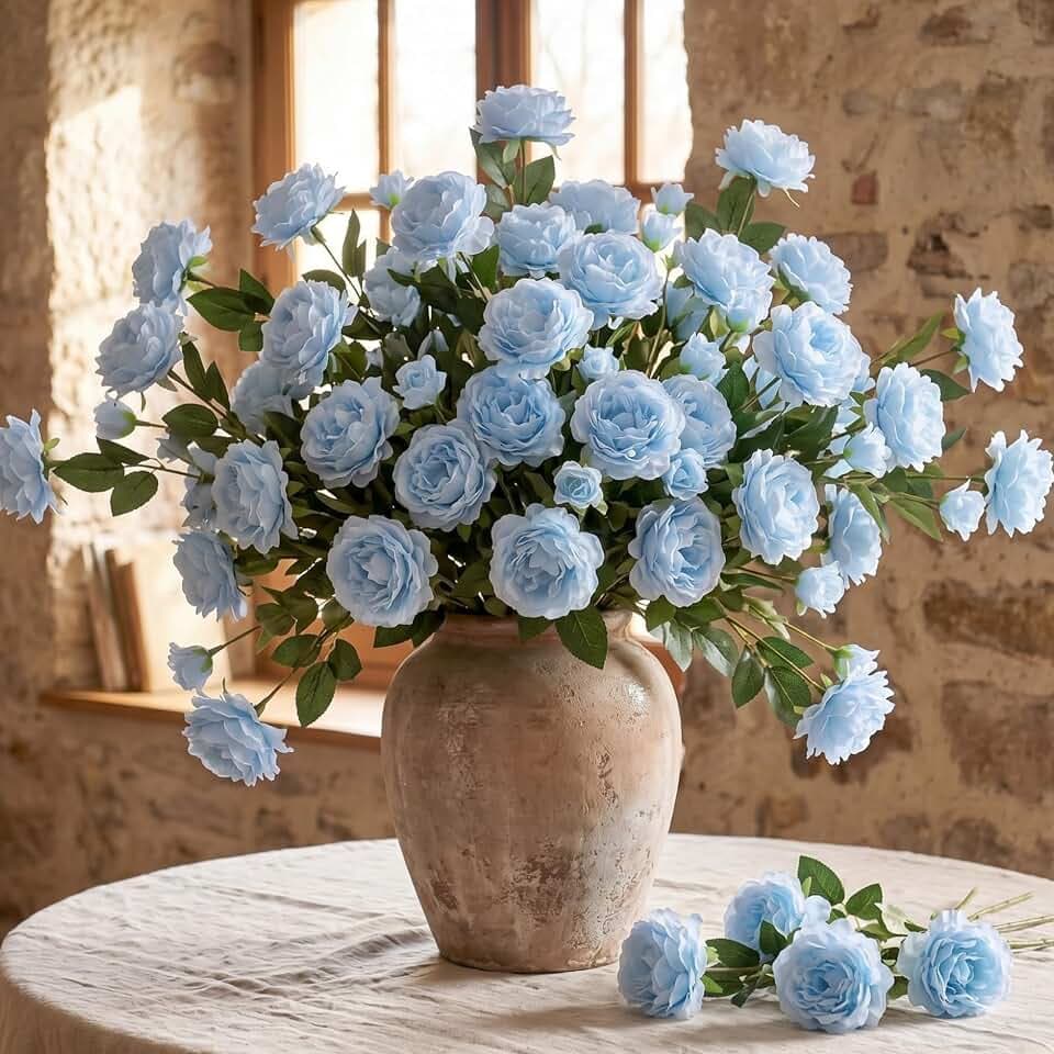 Thiccywoov 36 Bundles Artificial Flowers Peonies Roses 108 Heads Fake Silk Peony Bouquet Floral Arrangements for Wedding Bridal Shower Valentine's Day Table Centerpieces Vase Decoration(Light Blue)