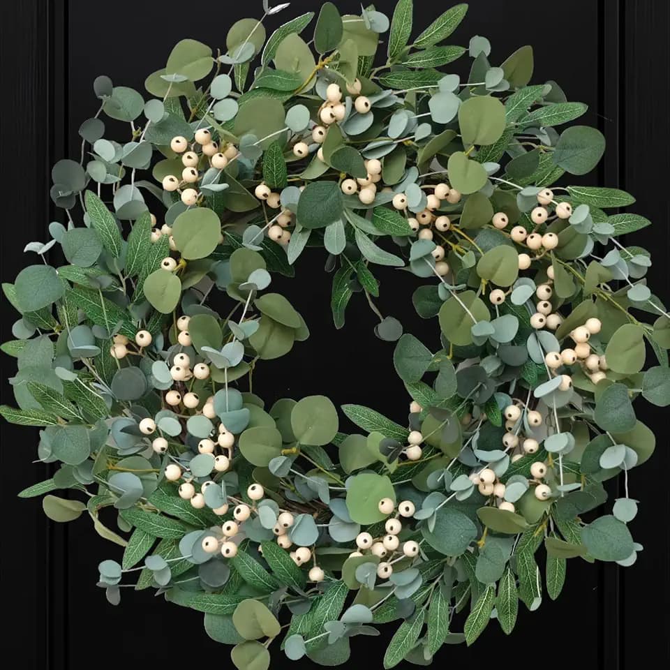 22 inch Artificial Spring/Summer Wreath for Front Door Evergreen Eucalyptus Decoration Wreath with Berries Home Party Indoor Outdoor All Season Decor