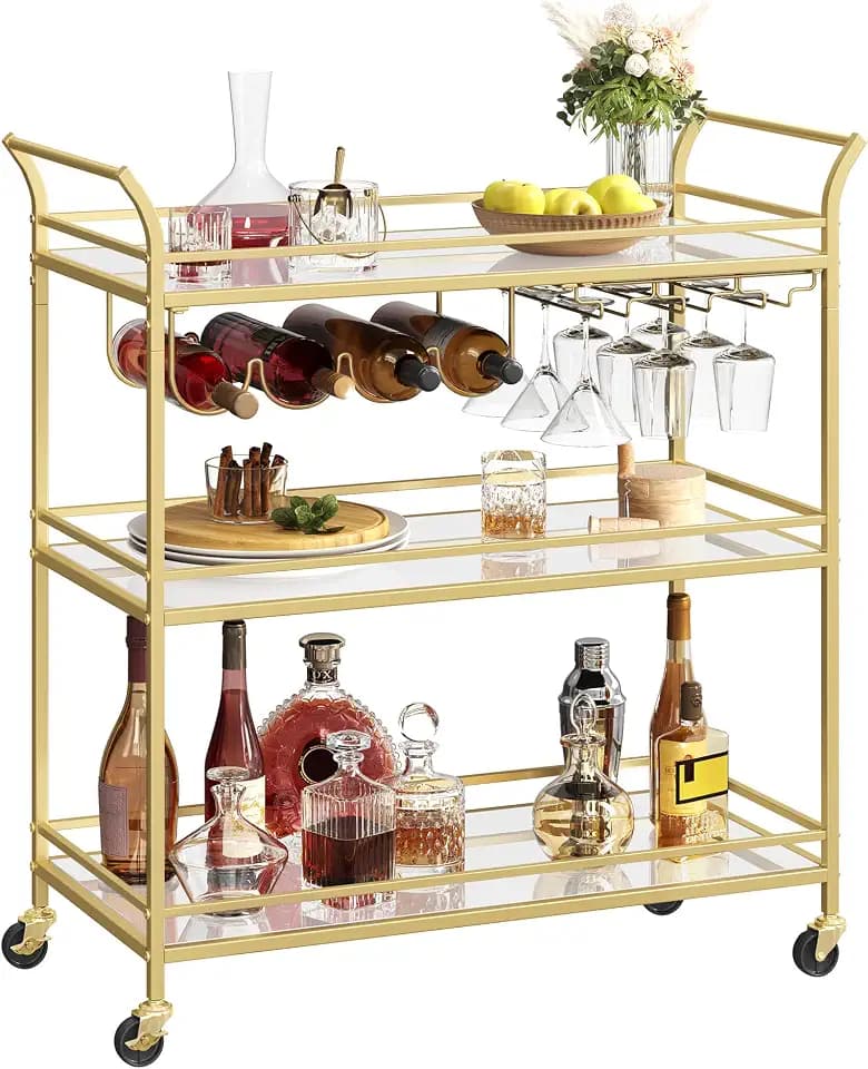 VASAGLE Bar Cart Gold, Large Home Bar Serving Cart with 3-Tier
