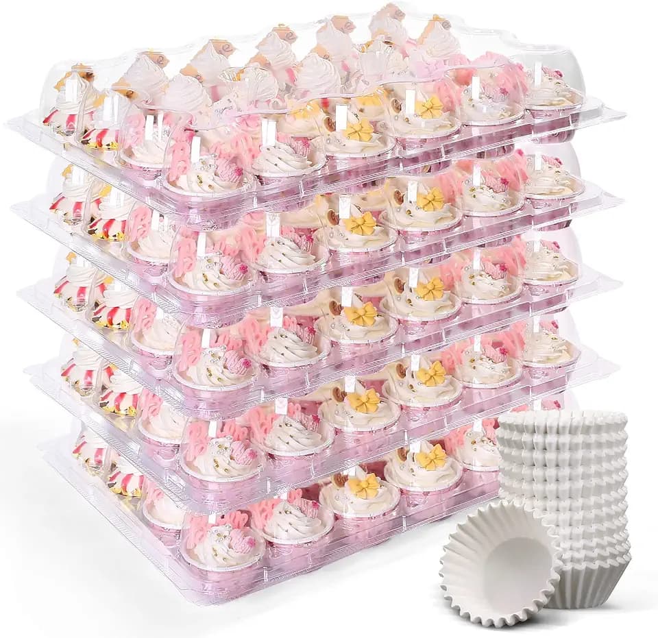 LotFancy (24 Count x 12 Sets) Mini Cupcake Containers with 288 Liners, Plastic Cupcake Boxes Holder, BPA Free, Clear Disposable Cupcake Carriers with Detachable Dome Lid