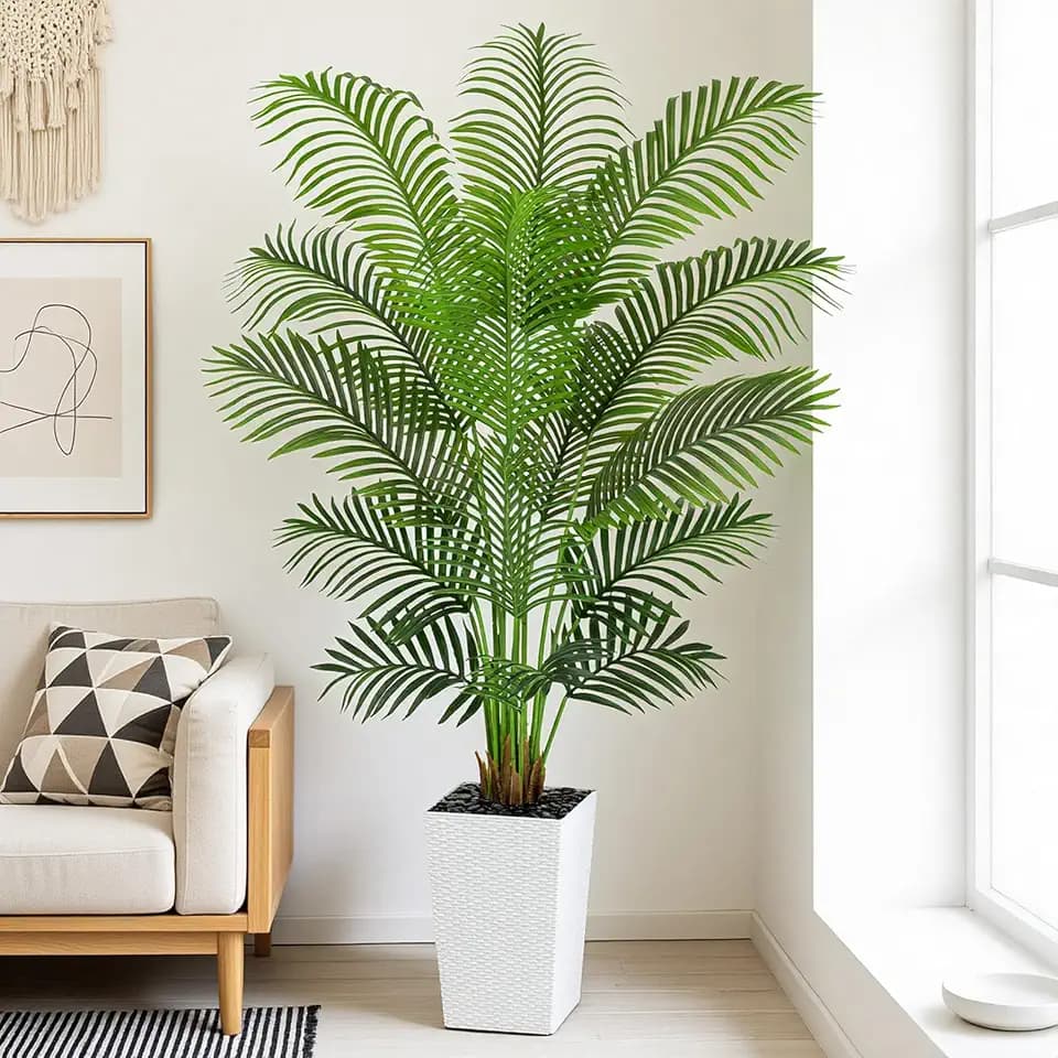 6ft Artificial Palm Tree with White Planter - Tall Fake Palm Tree Indoor Fake Tropical Plant for Home Office Living Room Bedroom Modern Decor