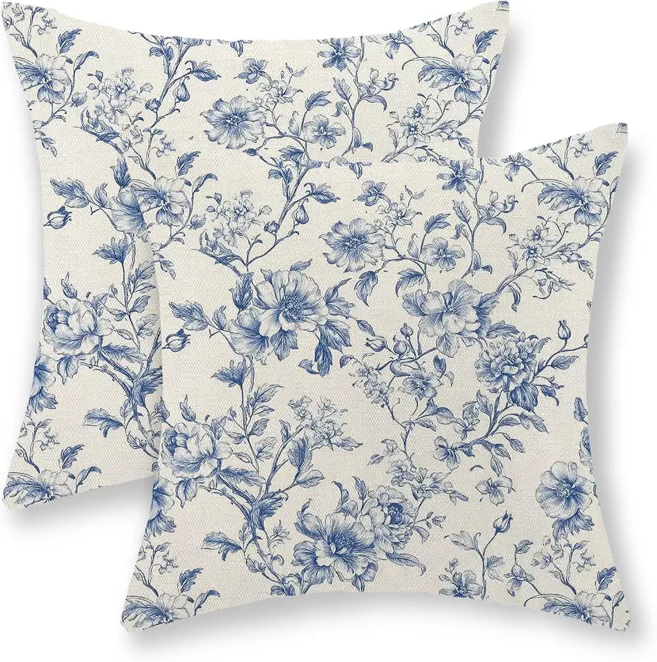 Blue Pillow Covers 20x20 Set of 2 Blue and Cream Floral Chinoiserie Throw Pillows Vintage Rustic Toile Flower Decorative Pillow Cases Outdoor Chinoiserie Decor Cushion Case for Couch Bed Sofa