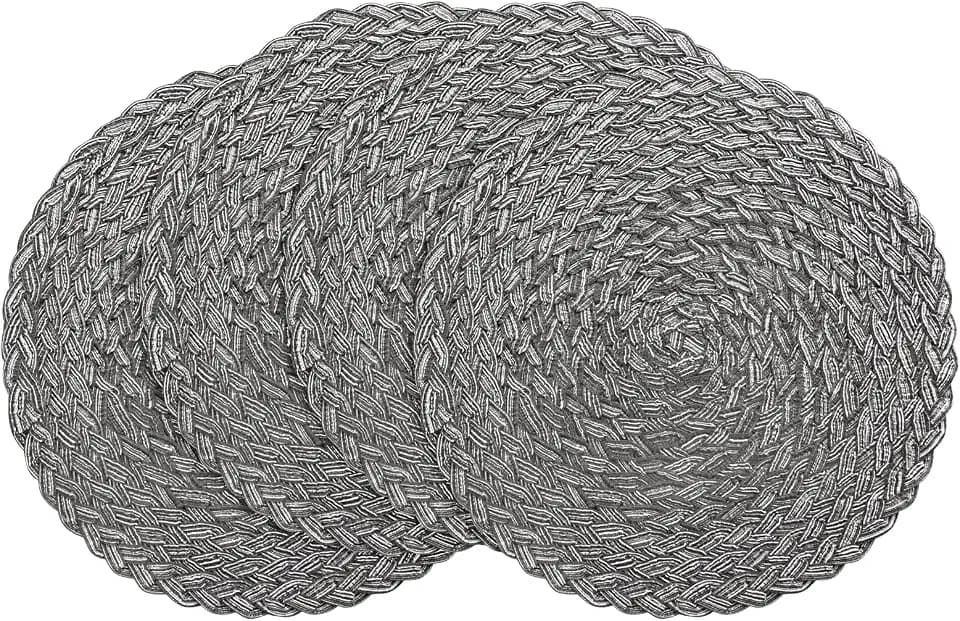 Floroom 15 Inch Round Braided Placemats Set of 4, Washable Heat Resistant Cotton Polyester Circle Boho Place Mats for Kitchen Dining Table - Mist Grey