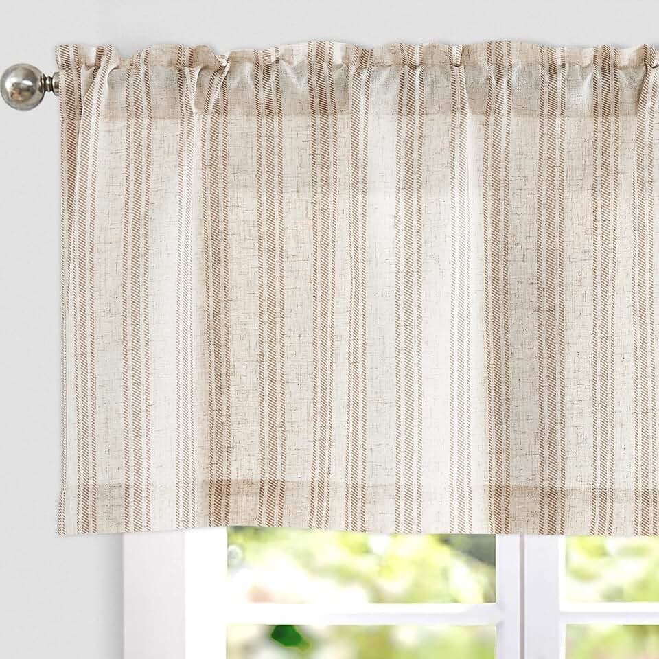 jinchan Linen Stripe Kitchen Valances for Window 16 inch,Tan,1 Panel