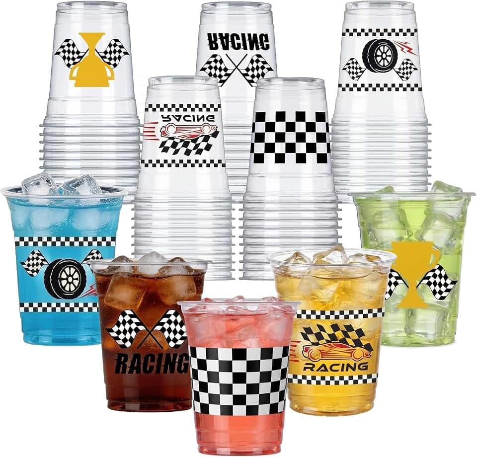 50 Pack 12oz Racing Car Plastic Cups, Checkered Flag Disposable Drinking Cups, White Black Racing Birthday Party Supplies for Boys Sports Party Favors Decorations(Race Car)