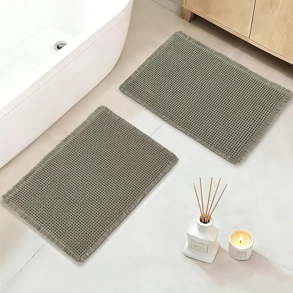 Set of 2 Waffle Bath Mat 20"x32" Boho Soft Bathroom Rugs Farmhouse Green