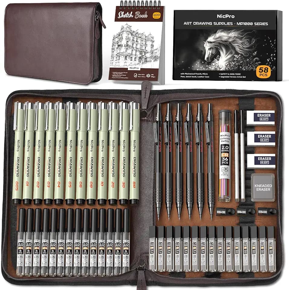 Nicpro 58PCS Art Drawing Supplies Kit in Leather Case,Pro Art Kit for Adult