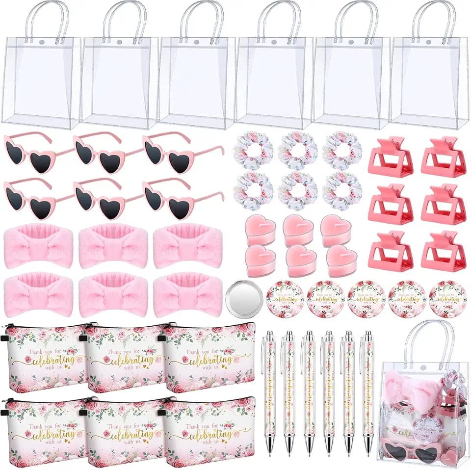 Dansydaisy 6 Sets Baby Shower Prizes for Game Winners Cosmetic Bags Sunglasses Hair Scrunchies Mirrors Pens Claw Clips Hair Headbands Candles Gift Bag for Baby Shower Wedding Bridal Shower Game Favors