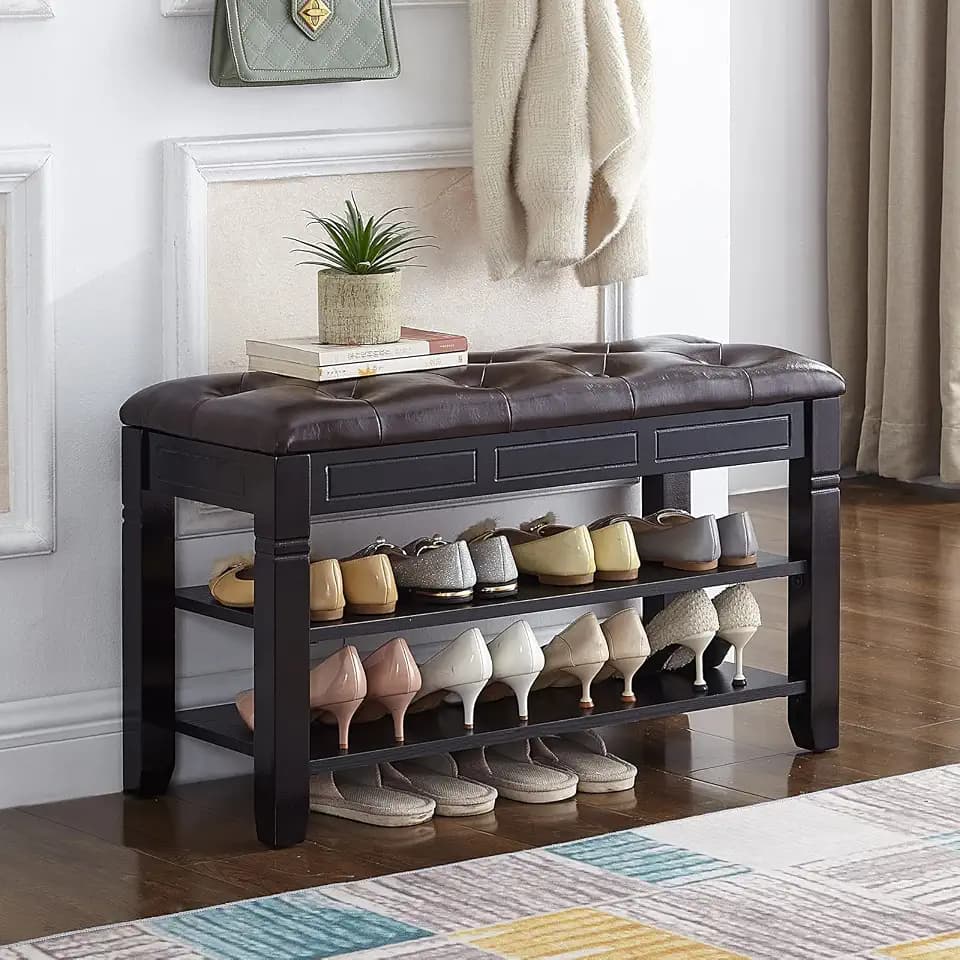 Shoe Storage Bench with Cushion, Entry Bench with Storage Solid Wood Shoe Bench Ideal for Entryway Living Room and Corridor (Black, 31.5'')