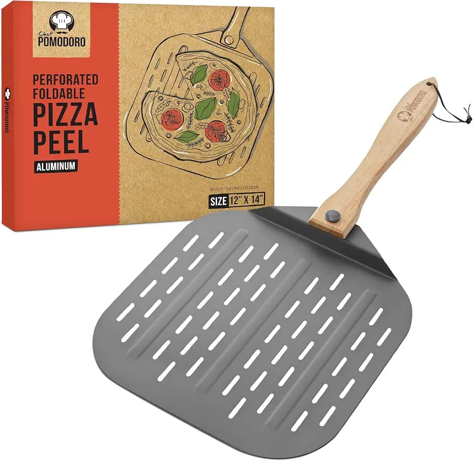 Chef Pomodoro Perforated Aluminum Pizza Peel 12x14 in Foldable Wood Handle