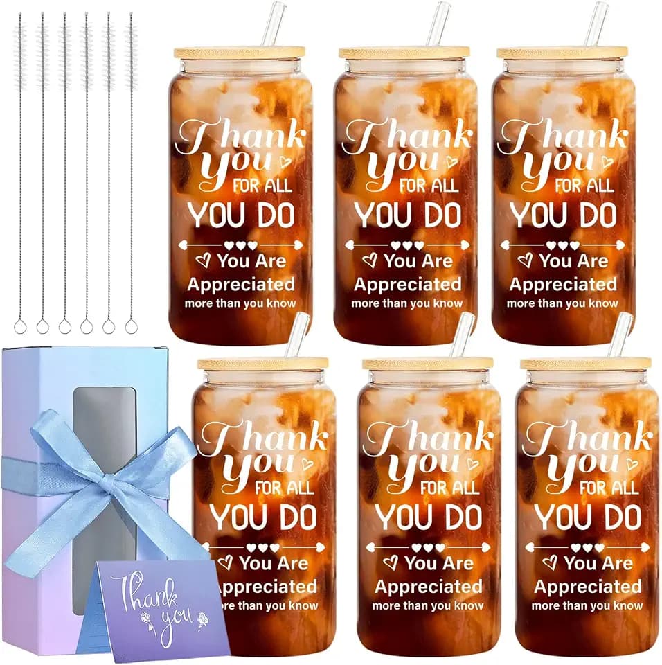 6-Pack Employee Thank You Gifts Glass Cups, 16oz Coffee Cups