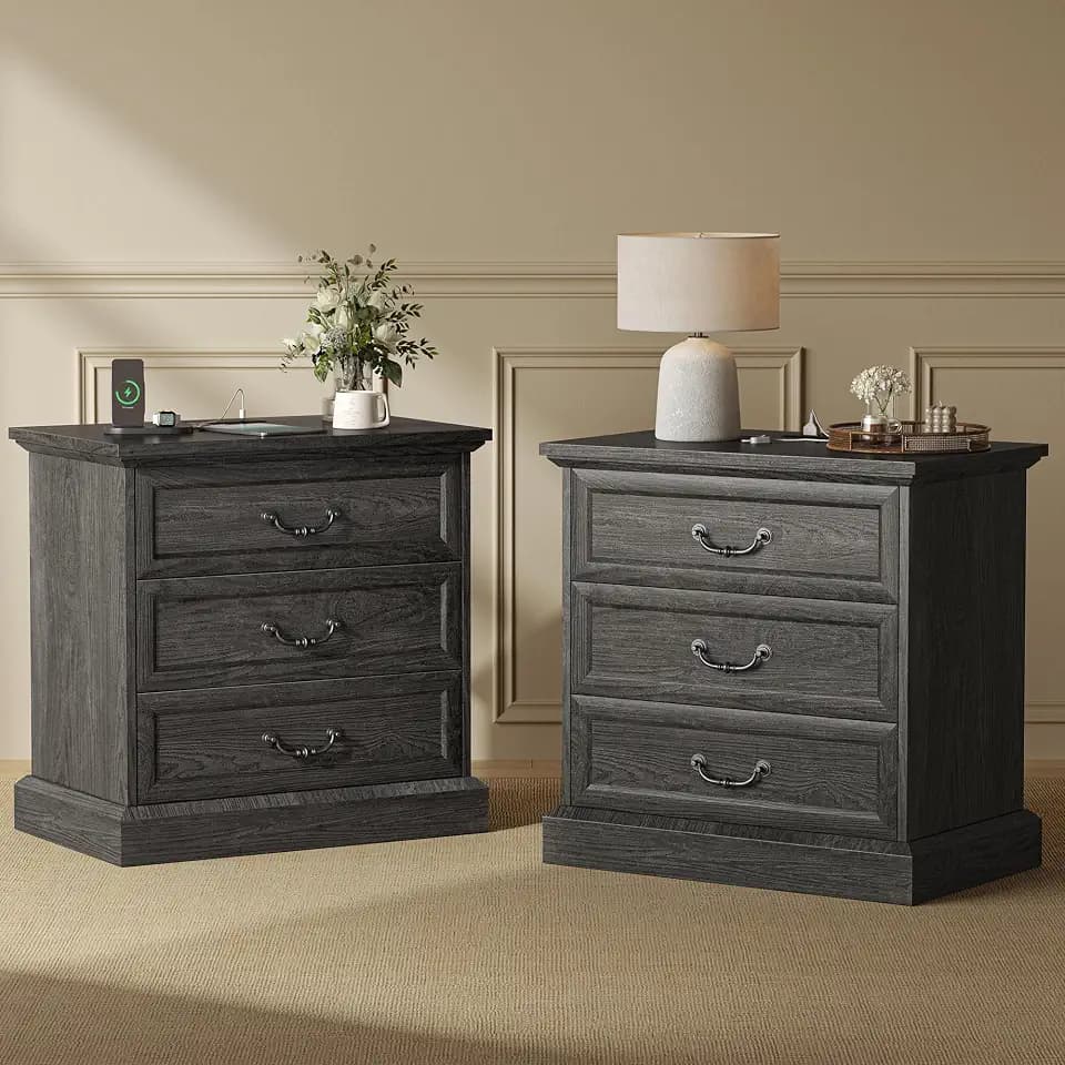 Huuger Nightstand with Charging Station, 3 Drawer Night Stand Set of 2
