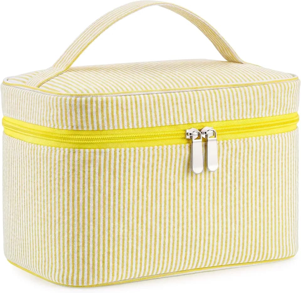 Huhumy Large Makeup Bag Women Seersucker Toiletry Bag, Yellow, Stripe