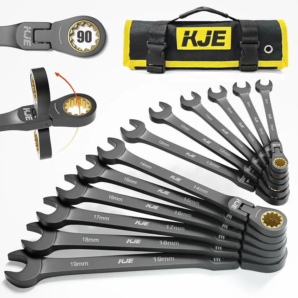 KJE 90-Teeth Metric 180° Flex-Head Ratcheting Wrench Set, Cr-V Steel, 12-Piece Metric 8-19mm Combination Wrenches set, Nickel Plating, with Organizer Bag, for Auto, Machine Repair, Gift
