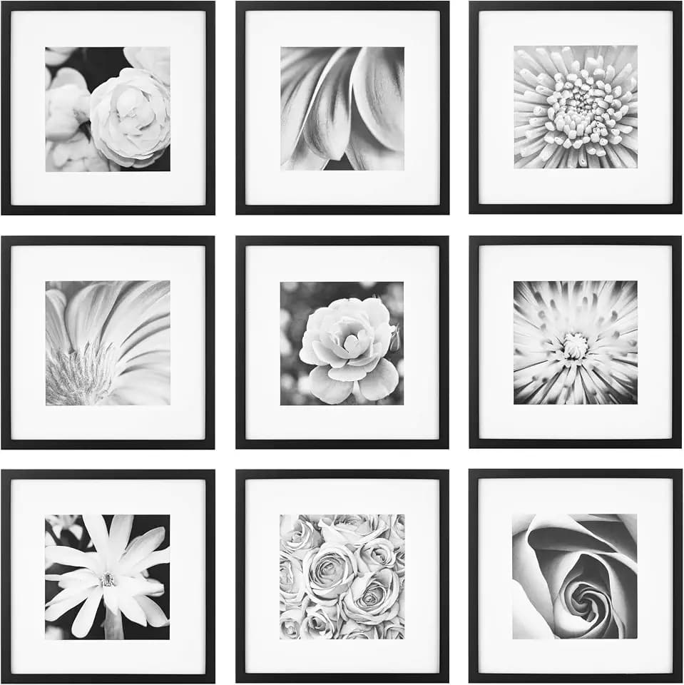 Gallery Perfect 12x12 Picture Frames, 9 Piece Set with Real Glass Cover for 8x8 Photos With Mat, Picture Frames Collage Wall Decor for Gallery Wall, Home Decor, Black