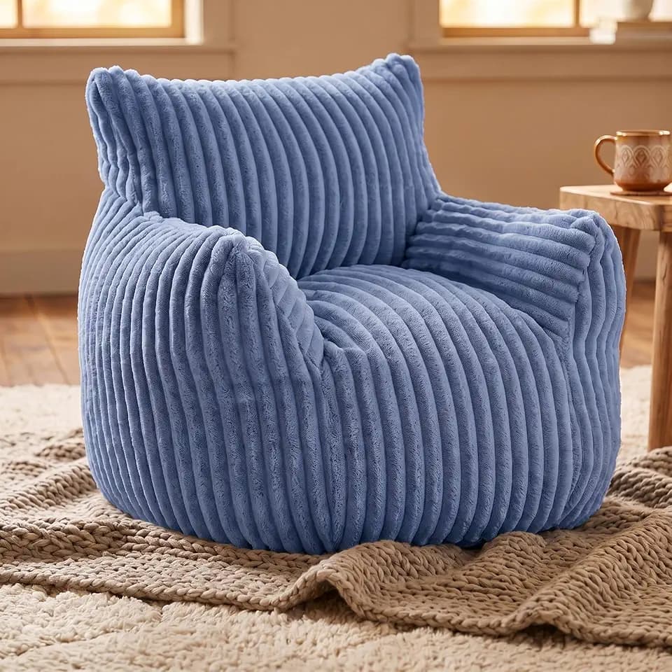 Kids Teens Faux Fur Bean Bag Chair, Memory Foam, Blue, Small