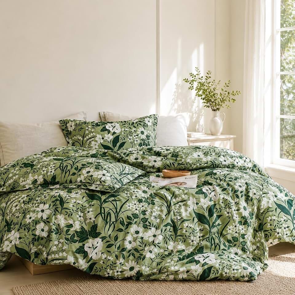 Floral Comforter King Size - 100% Cotton Green Comforter Set 3pcs, Leaf Print Soft Hypoallergenic Bedding Set