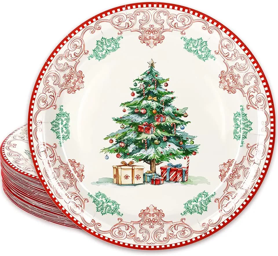 FYSUIMU 50Pcs Christmas Tree Party Supplies 9 Inch Xmas Trees Paper Plates Disposable Vintage Red Green Heavy Duty Dinner Plates for Xmas Winter Holiday Birthday Wedding Party Decorations