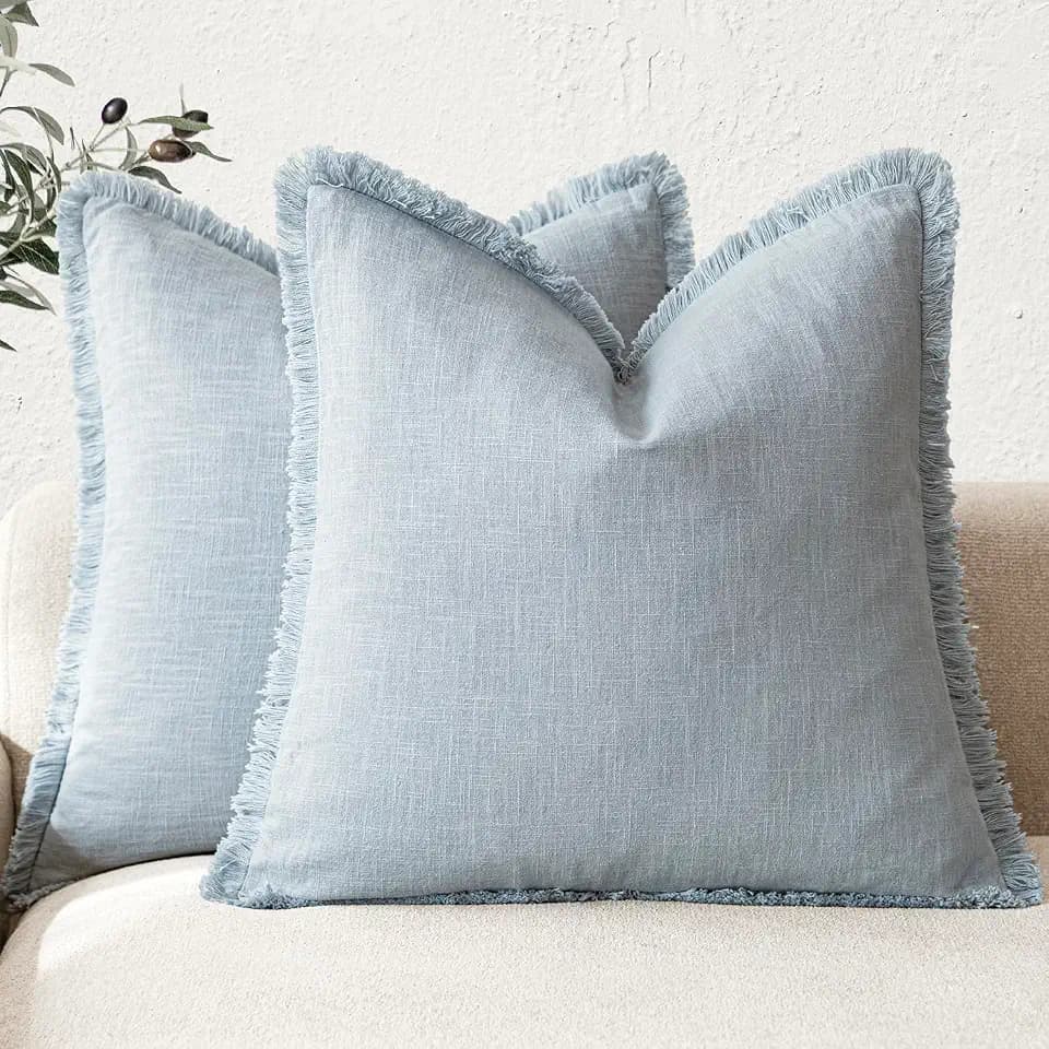 Foindtower Decorative Linen Fringe Throw Pillow Covers 16×16 Inch,Sky Blue