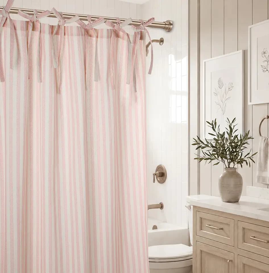Pink Striped Shower Curtain Cotton Blend 72X72 Inches Machine Wash