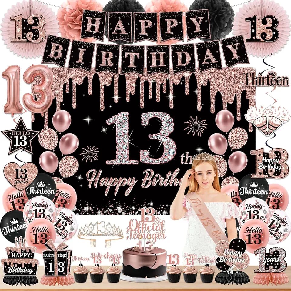 13th Birthday Decorations for Girls, Black Rose Gold It's My 13th Birthday Banner, Balloons,Hanging Swirls,Cake Topper,Backdrop,Crown,Sash,Paper Fans,for Happy 13 Years Old Party Decor Supplies