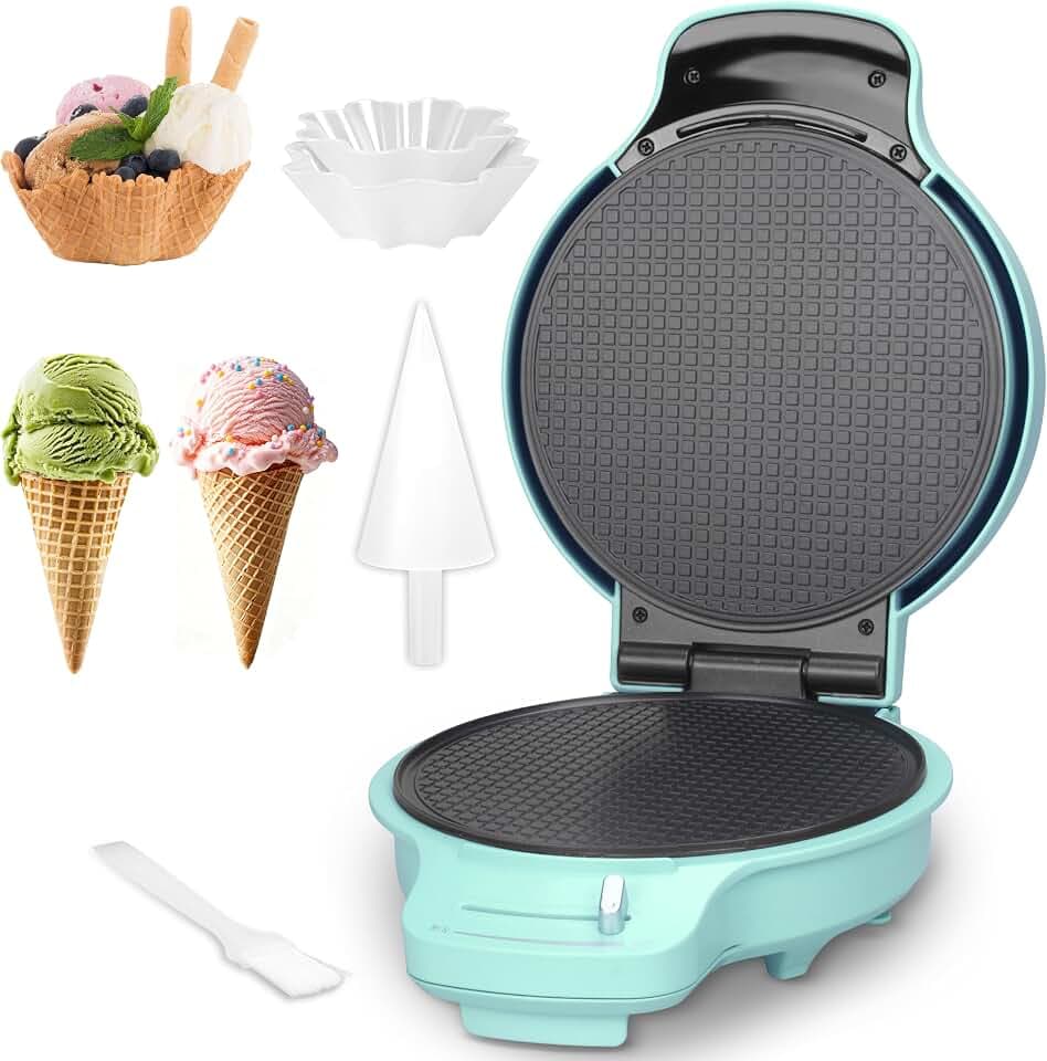 Baker's Friend Waffle Cone Maker Machine with Browning Control, 7.5” Ice Cream Cone Maker, Cone Roller & Bowl Press Included,Thin Waffle Maker Crispy, Nonstick Waffle Bowl Maker,Aqua