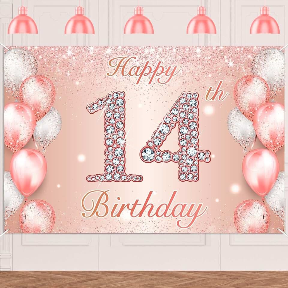 Happy 14th Birthday Rose Gold Banner Cheers to 14 Years Old Backdrop Confetti Balloons Theme Decor for Girls 14 Years Old Pink Birthday Party Decorations Bday Supplies Background Favors Gift Glitter