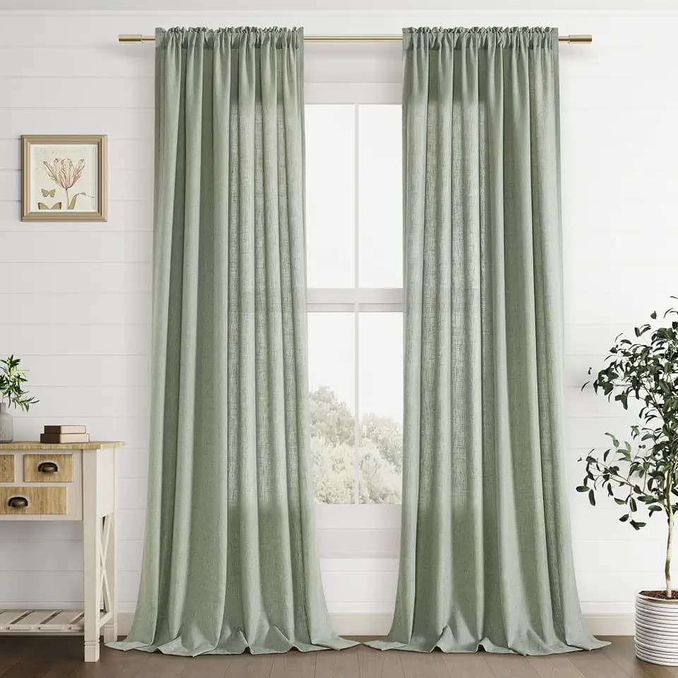 Guken Sage Green Linen Curtains 96 Inch Long for Living Room Rod Pocket