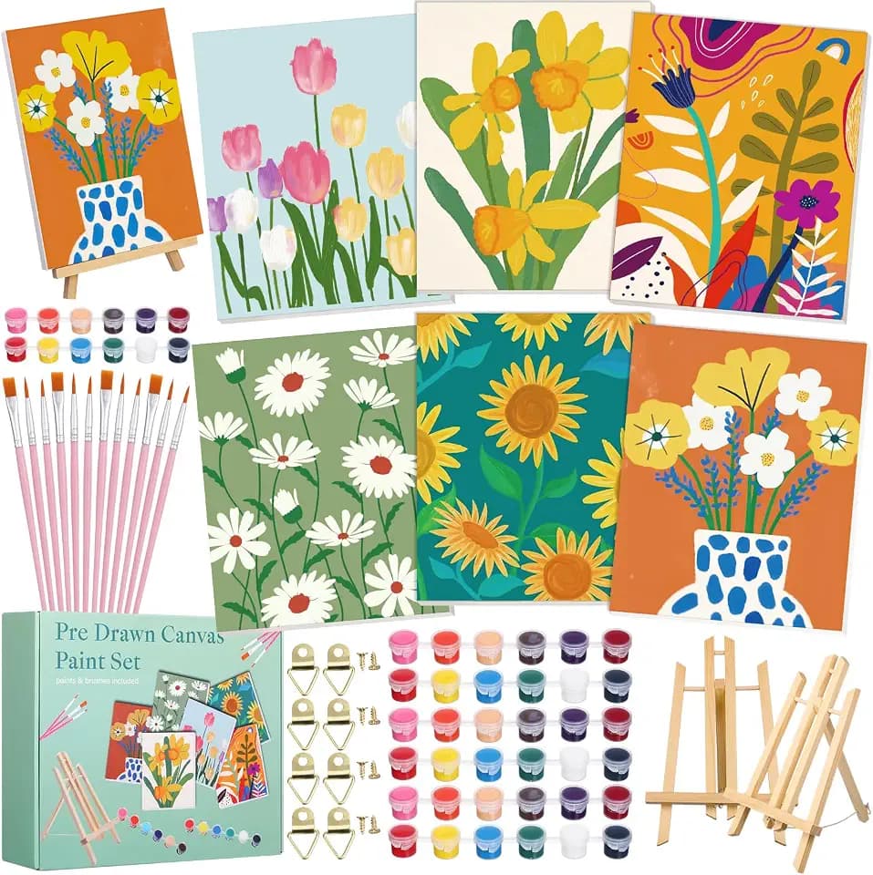 Engrowtic 57pcs Flower Sip and Paint Kit for Adults Pre Drawn Canvas Set