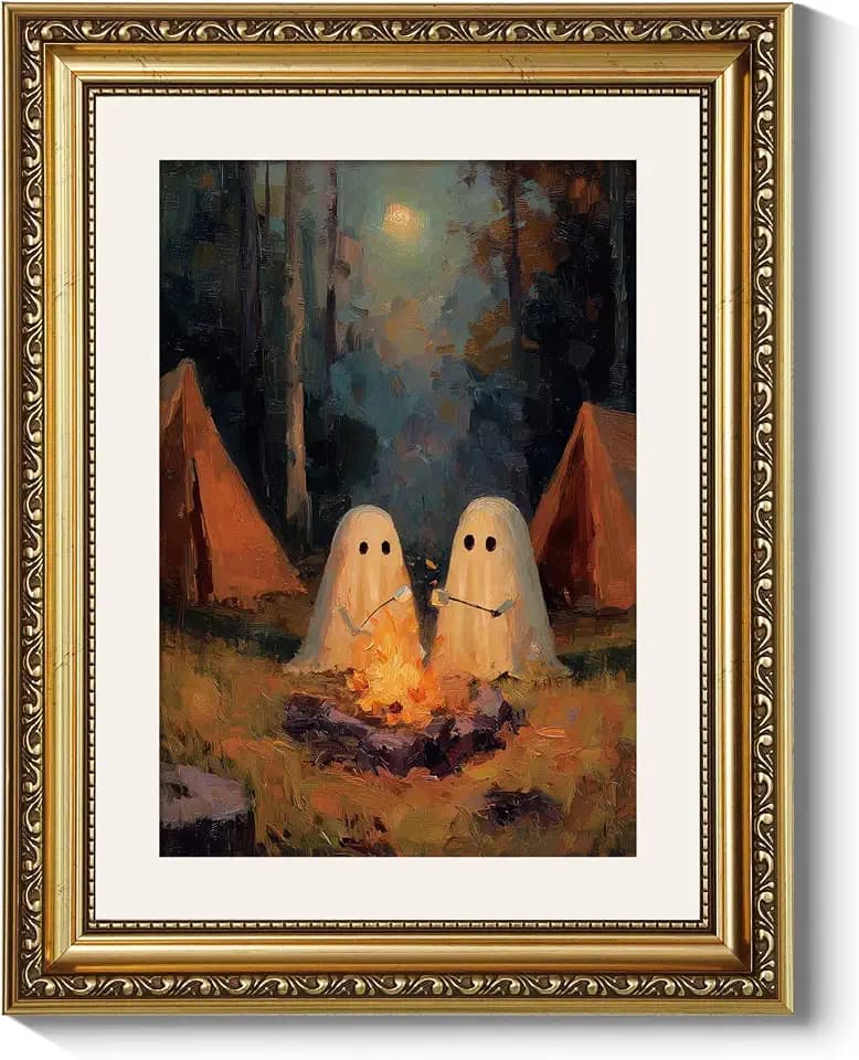 ARPEOTCY Gold Framed Canvas Halloween Wall Art, Spooky Ghost Campfire Decor