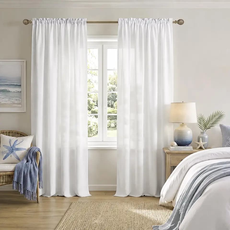 Mrs.Naturall 60 Inch Wide White Linen Privacy Sheer Curtains 84 Inches Long for Bedroom, Light Filtering Rod Pocket Extra Wide Large Window Curtains for Closet Door Girls Room 2 Panels Set 60x84