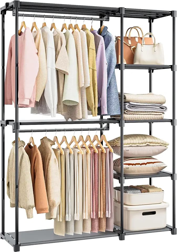 Neatrays Portable Closet, Freestanding Wardrobe Closet Organizers and Storage,Open Clothing Racks for Hanging Clothes with 4 Shelves and 2 Hanging Rods,47.8x15.8x63.4 Inches