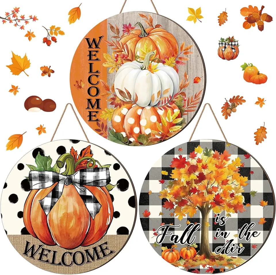 3 Pcs Fall Pumpkin Front Door Decor Wooden Pumpkin Door Hanger Welcome Sign