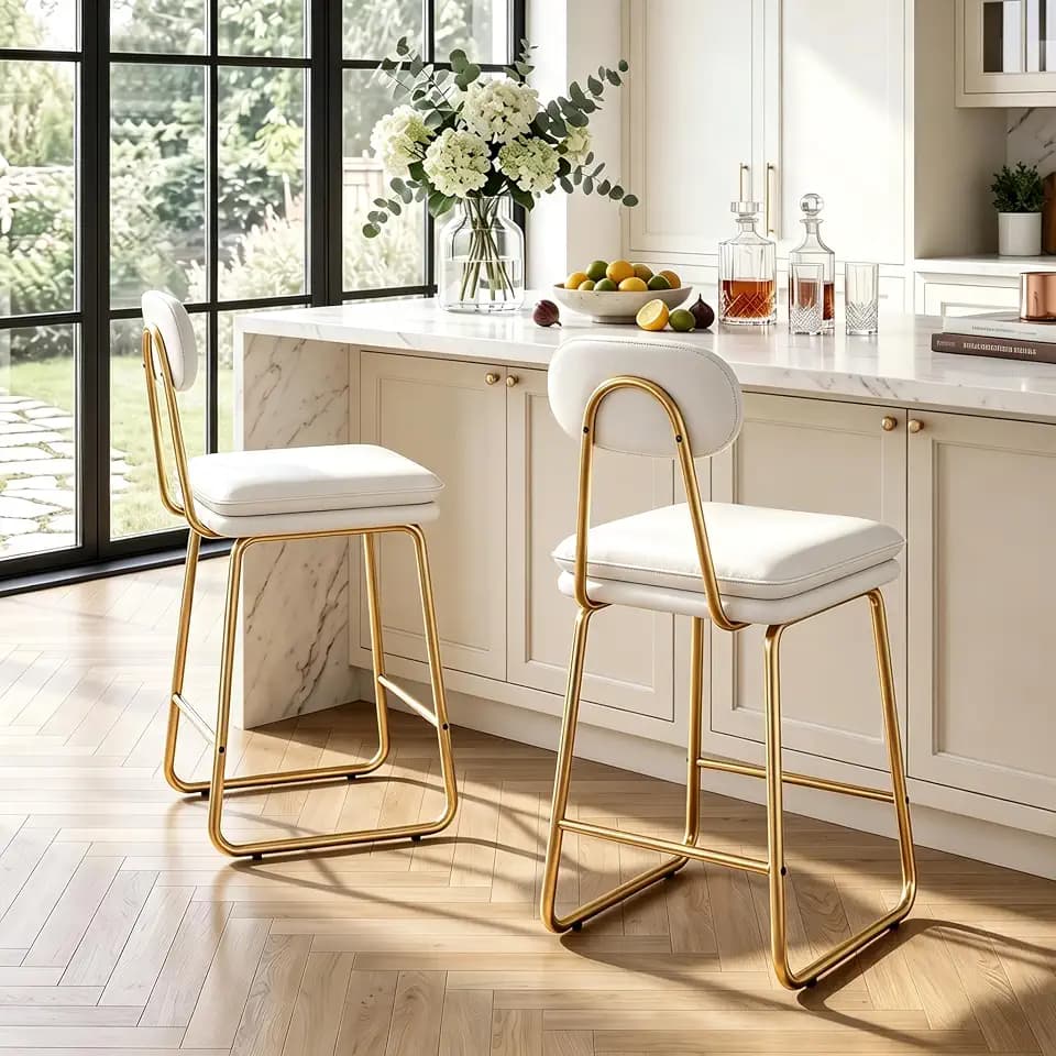 VECELO Bar Stools Set of 2, Counter Height Barstools with Removable Backrest, Padded Seat and Metal Legs, PU Leather Upholstered Bar Chairs for Kitchen, Island, White