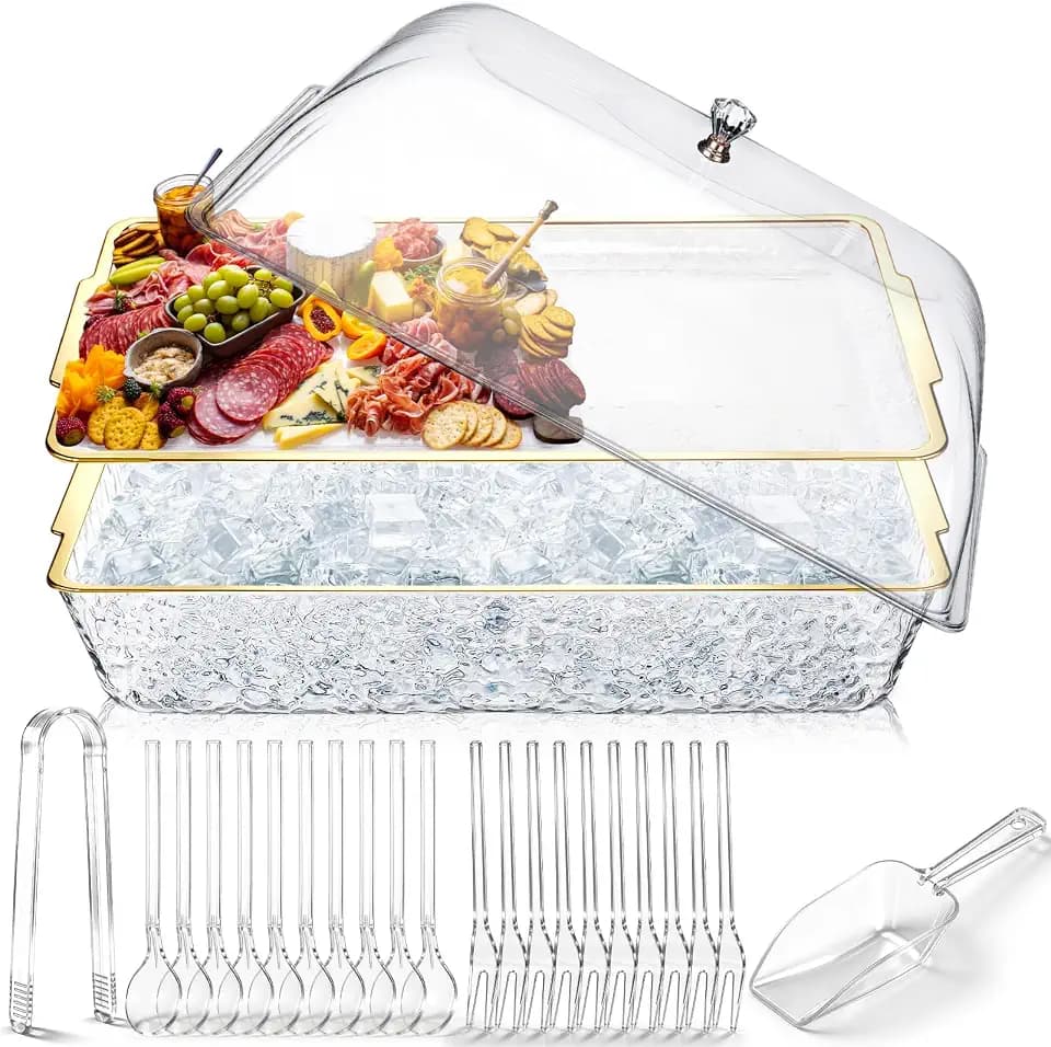 Baderke 16" x 9" Chilled Serving Tray with lids,Gold-A,1 Set