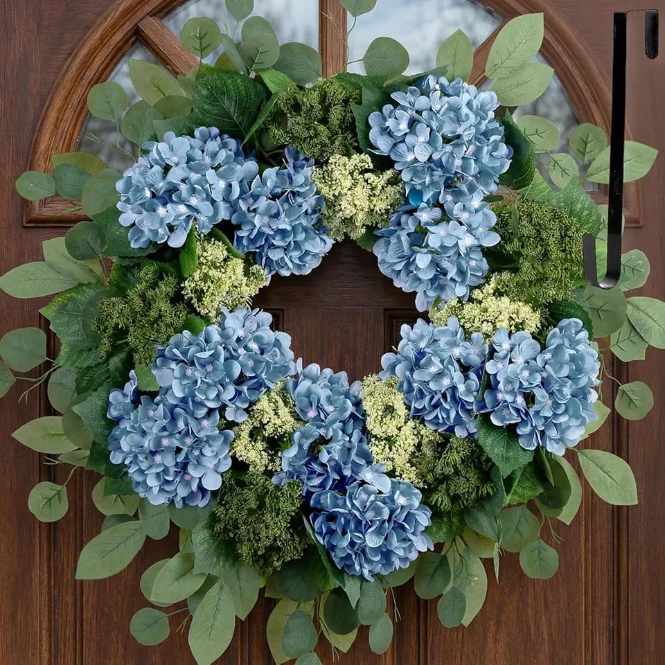 BLOSMON Hydrangea Wreaths for Front Door, 26 Inch, Dusty Blue, with Hanger