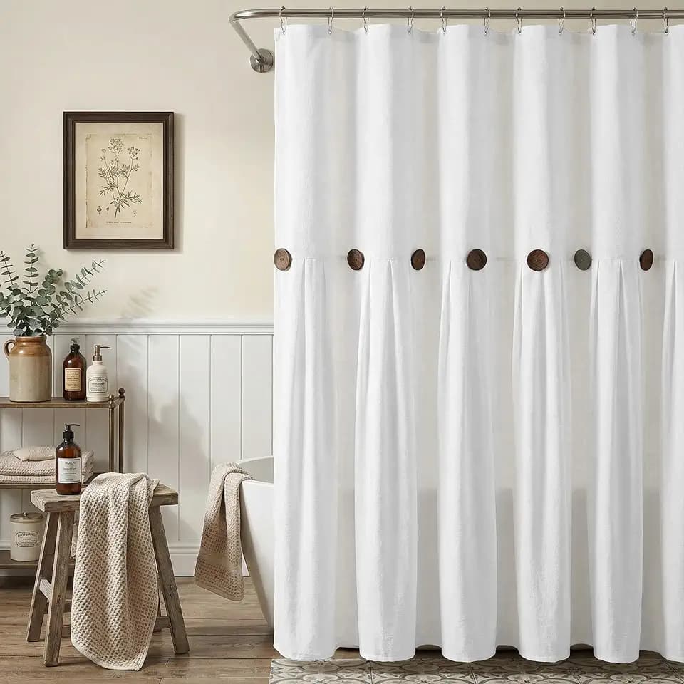Farmhouse Shower Curtain Linen Button White 72" W x 72" L