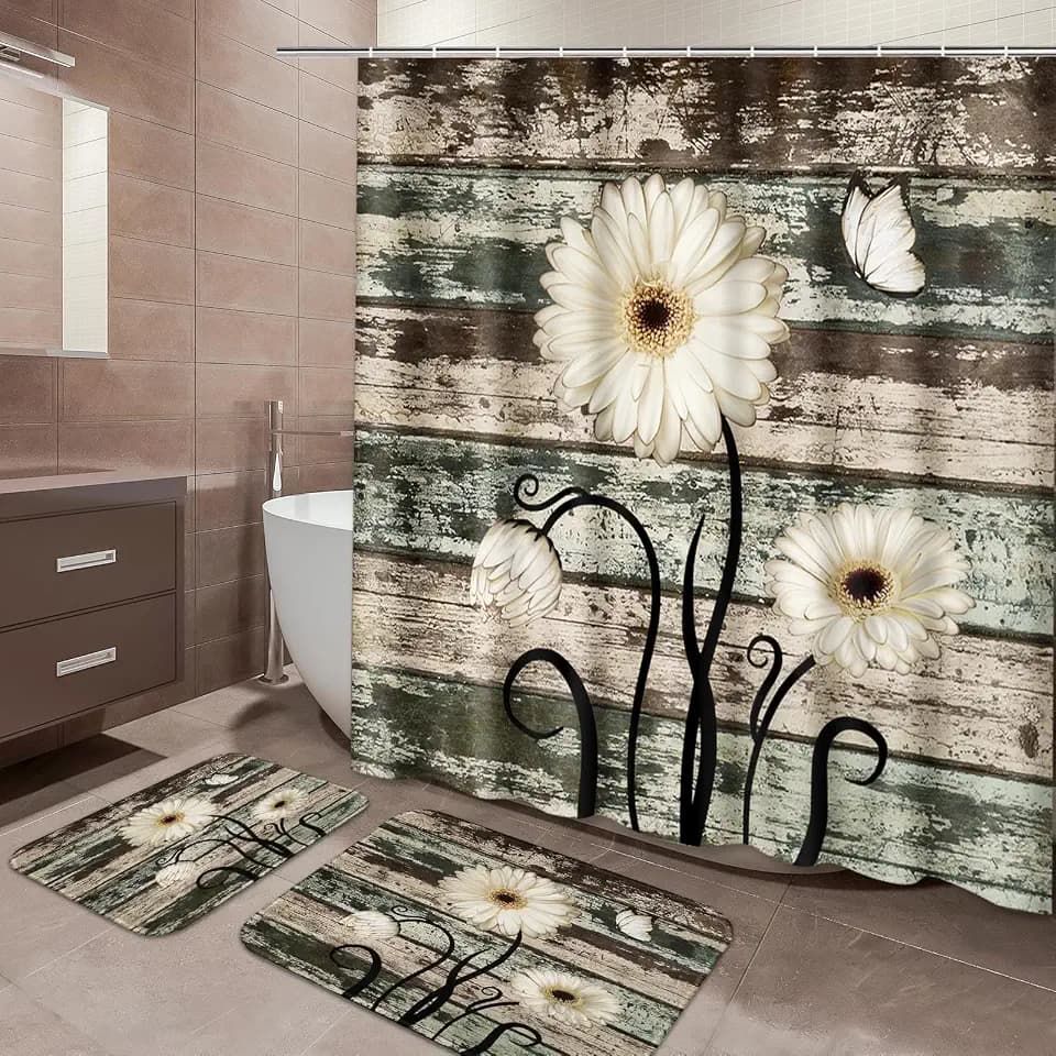 ArtSocket Bathroom Set of 3, Shower Curtain and Bath Rugs Daisy Flower