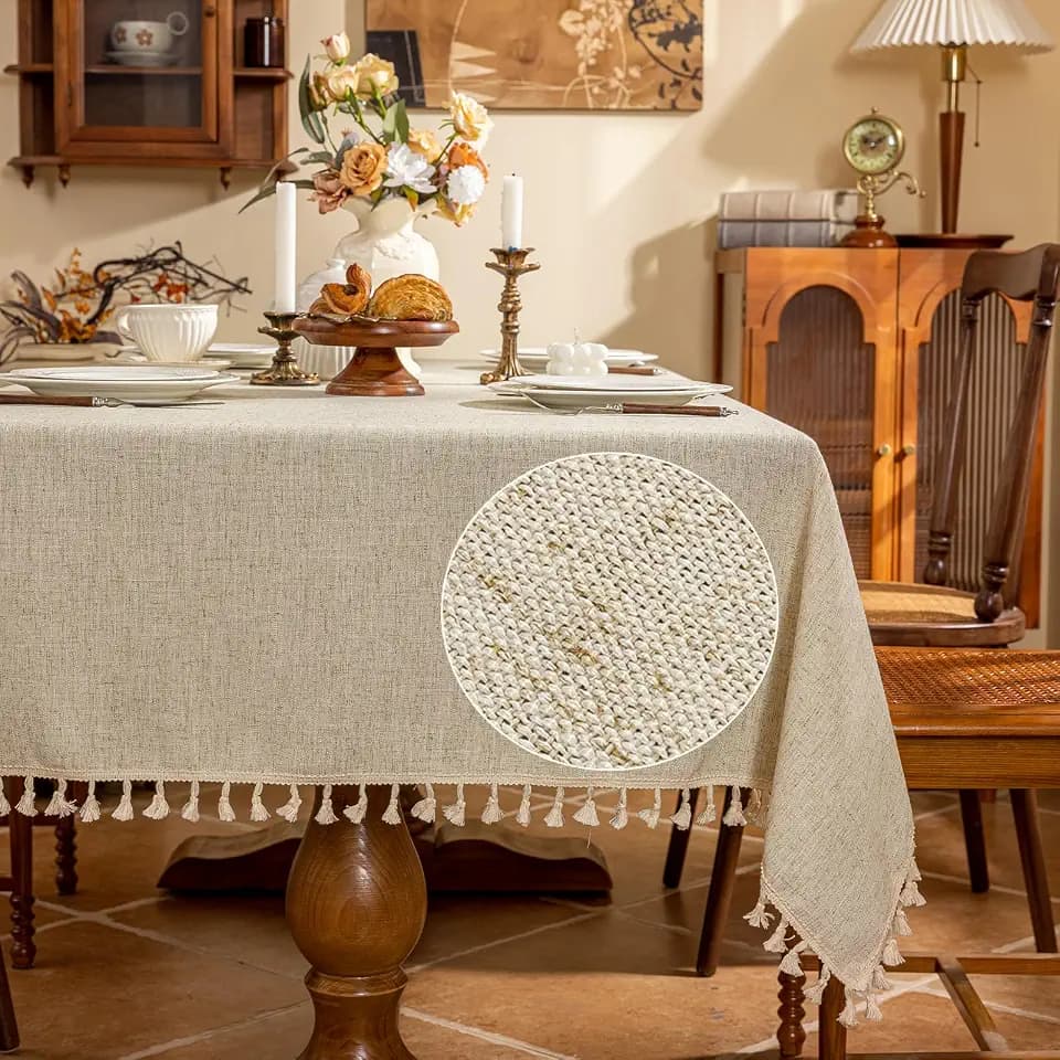 AmHoo Linen Blend Tablecloth Table Cloth 280 GSM Stitching Tassel Rectangle Decorative Natural Table Cover for Kitchen Dinning Wedding Buffet 55×55 inch Ivory White