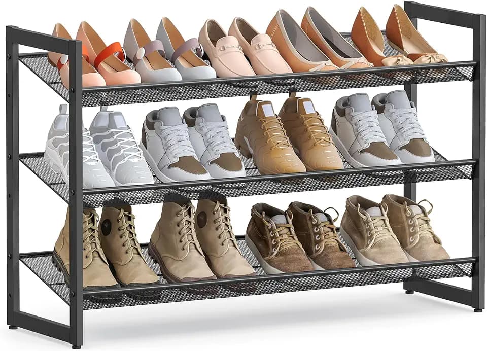SONGMICS Metal Shoe Rack, 3-Tier Shoe Organizer, Holds 9-12 Pairs