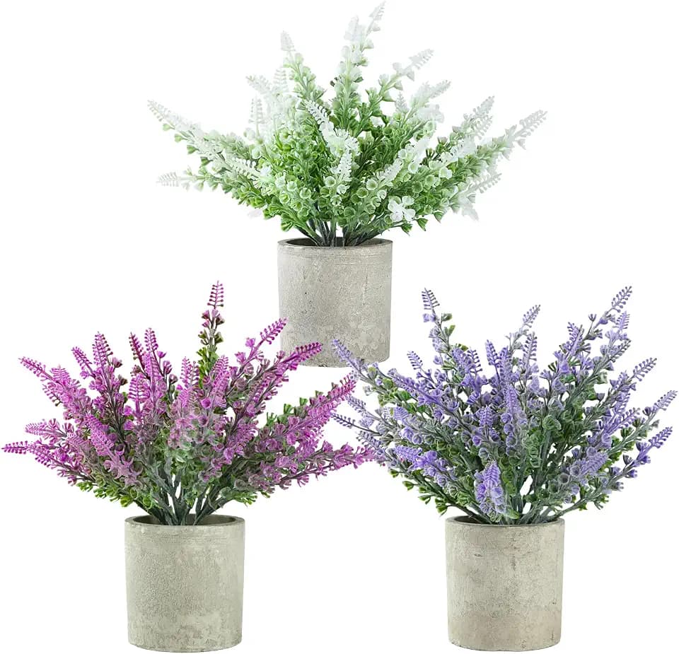 Plant Stand Indoor,3-Pack Lifelike Artificial Lavender ,Artificial Plants Indoor, Nordic Lavender Table Decor,Biodegradable Pot,Suitable for Home and Office Décor