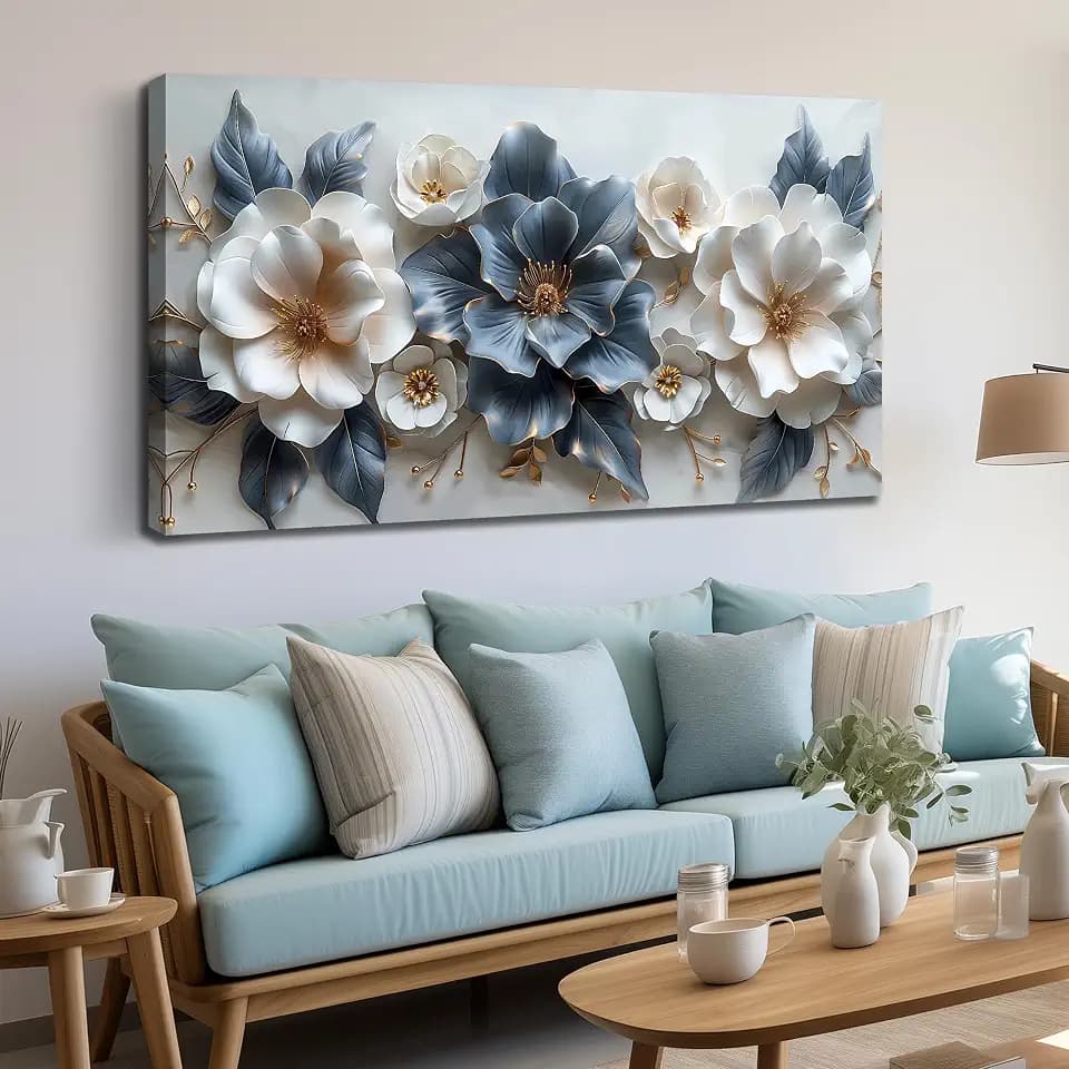 Flower Canvas Wall Art for Office Blue and White All Decor for Bedroom Women Big Wall Art for Living Room Modern Size 29" x 58"