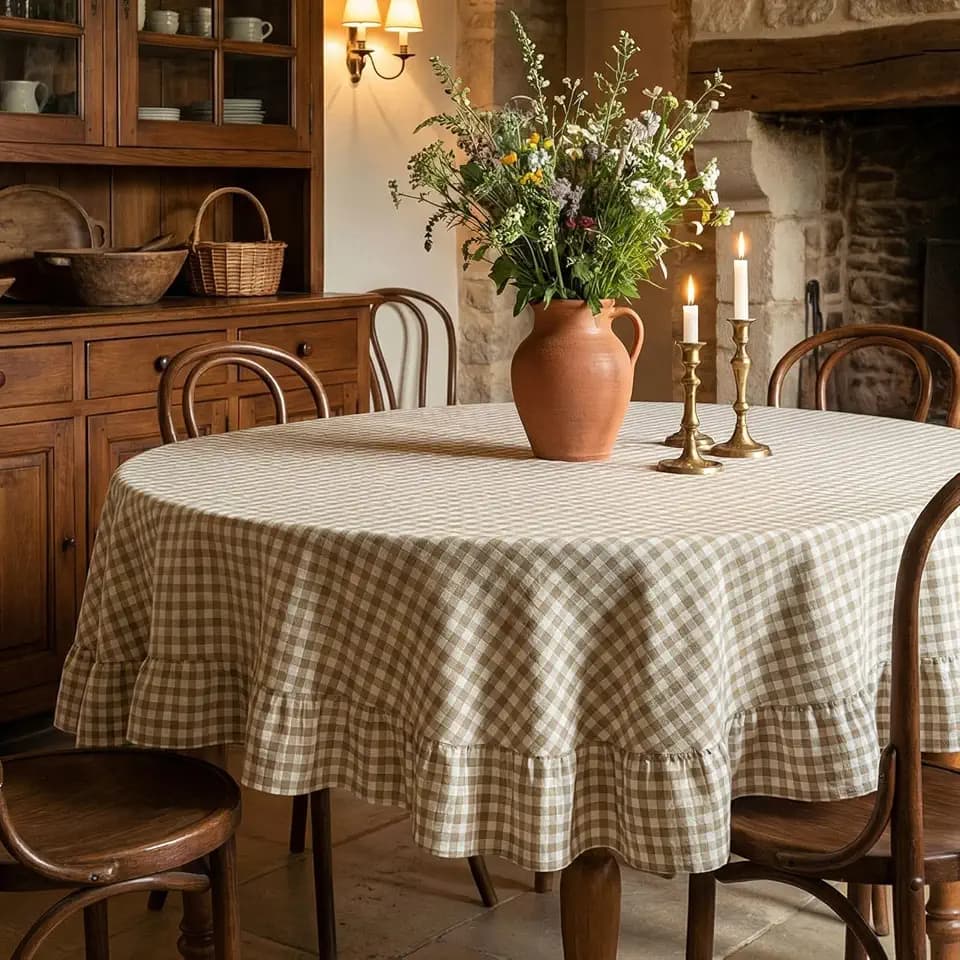Mindsoft Light Brown Gingham Ruffled Tablecloth, 70 x 70 Inches, Round