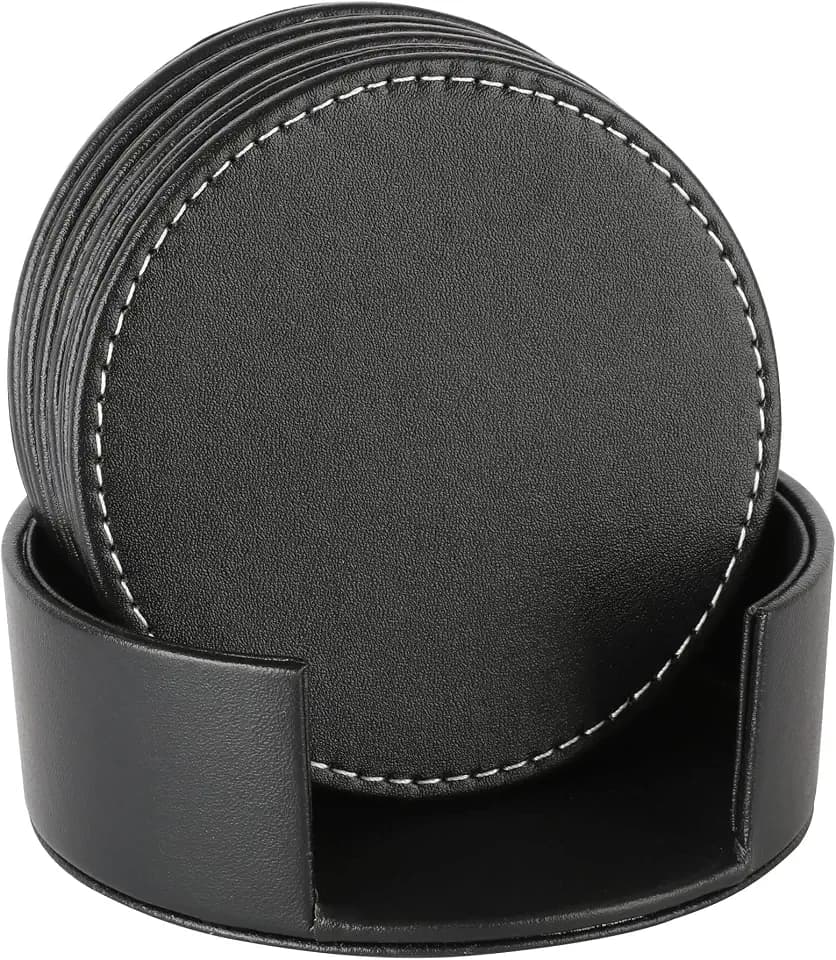 Durable Round Black Leather Coaster for Drinks with Holder (6 Pack)