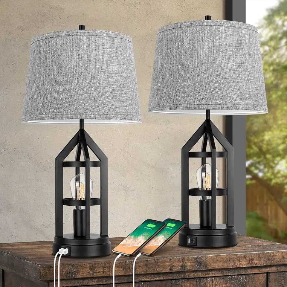 BesLowe 2-Light Farmhouse Rustic Table Lamps Set of 2 for Living Room, Gray
